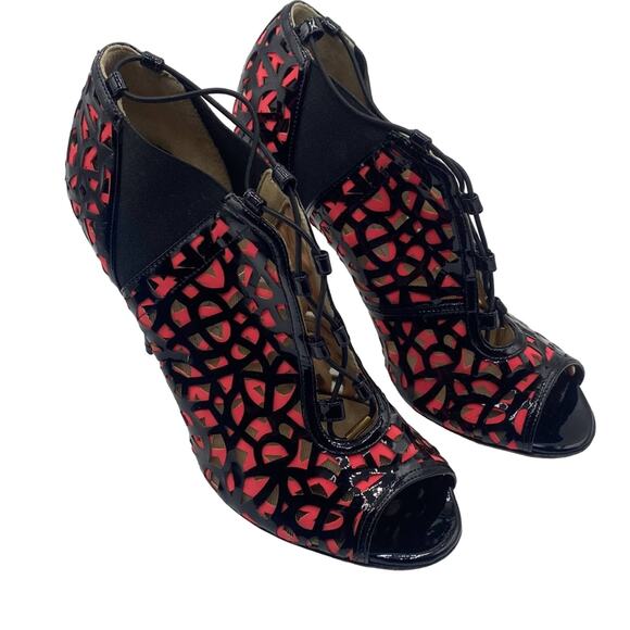 JIMMY CHOO TACTIC Laser Cut BLACK GERANIUM PATENT LEATHER PEEP-TOE PUMP Bootie - Picture 6 of 14